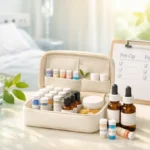 Kit d’homéopathie pré et post-opératoire sur fond clinique doux avec flacons et ambiance apaisante.