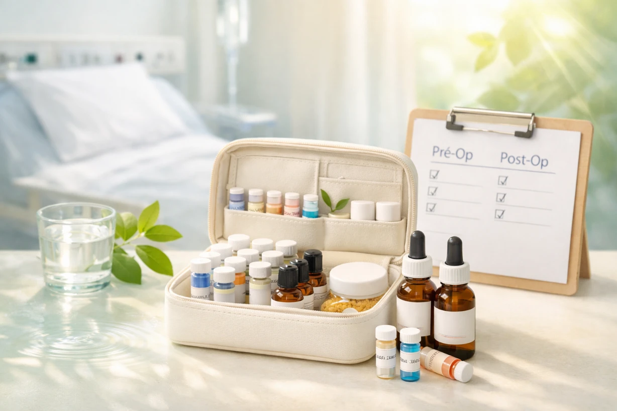 Kit d’homéopathie pré et post-opératoire sur fond clinique doux avec flacons et ambiance apaisante.