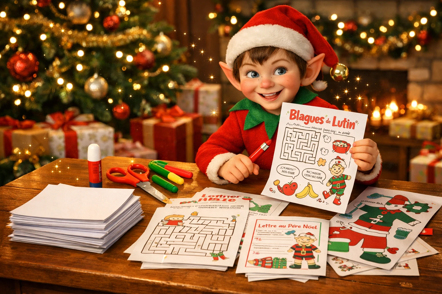 Lutin farceur souriant avec feuilles imprimables et matériel créatif, ambiance Noël chaleureuse.