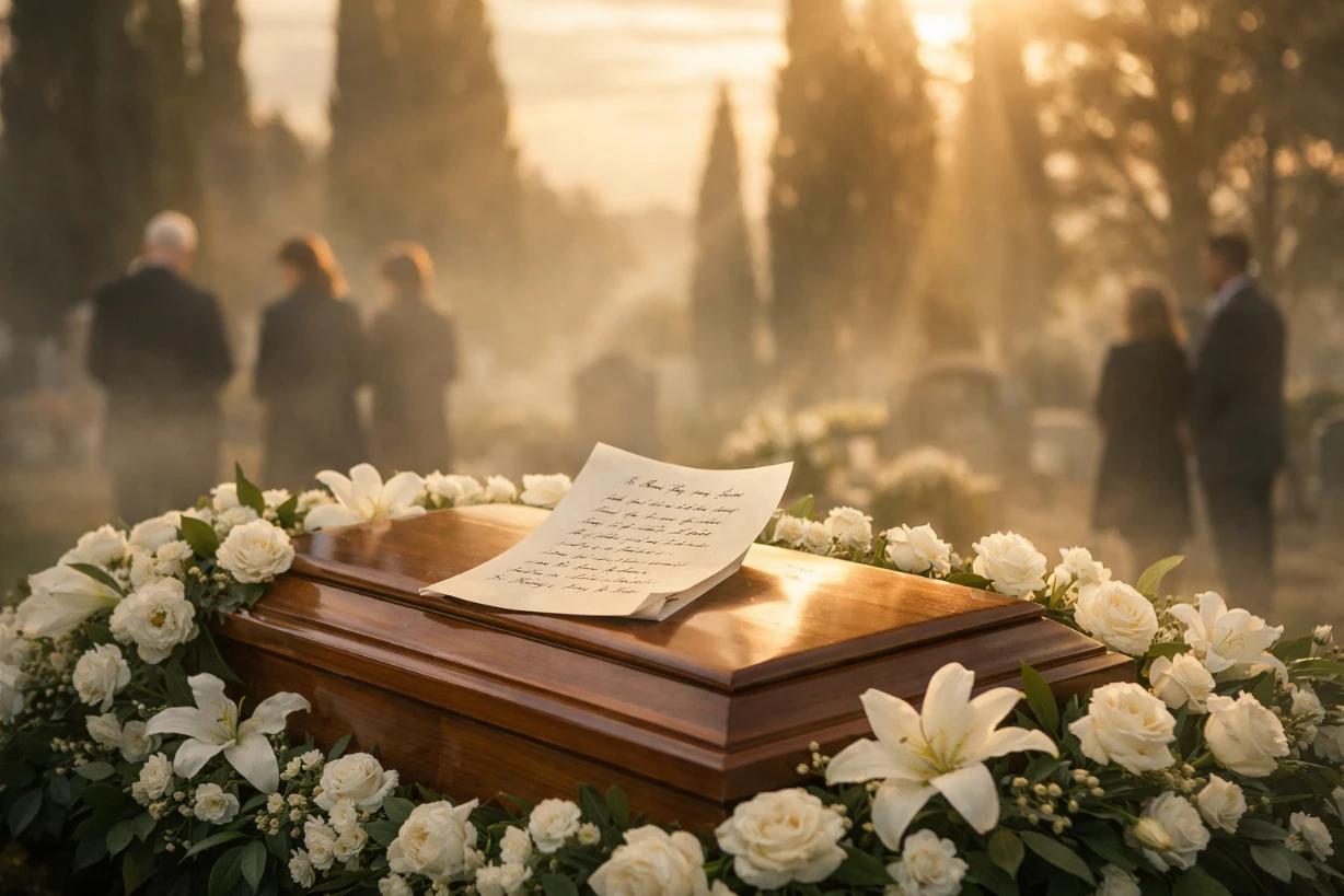 Scène funéraire paisible au coucher du soleil, cercueil fleuri et poème posé, atmosphère douce.