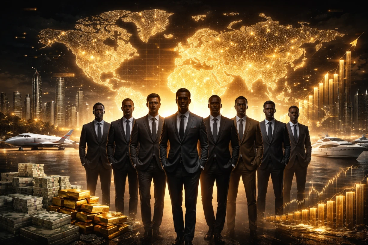 Un groupe d'hommes d'affaires élégants devant une carte du monde dorée symbolisant la richesse globale.