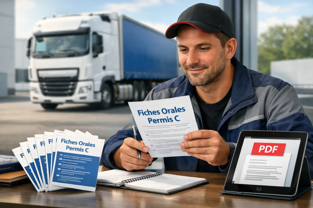 Candidat chauffeur routier révisant les fiches orales du permis C avec tablette PDF et camion en arrière-plan.