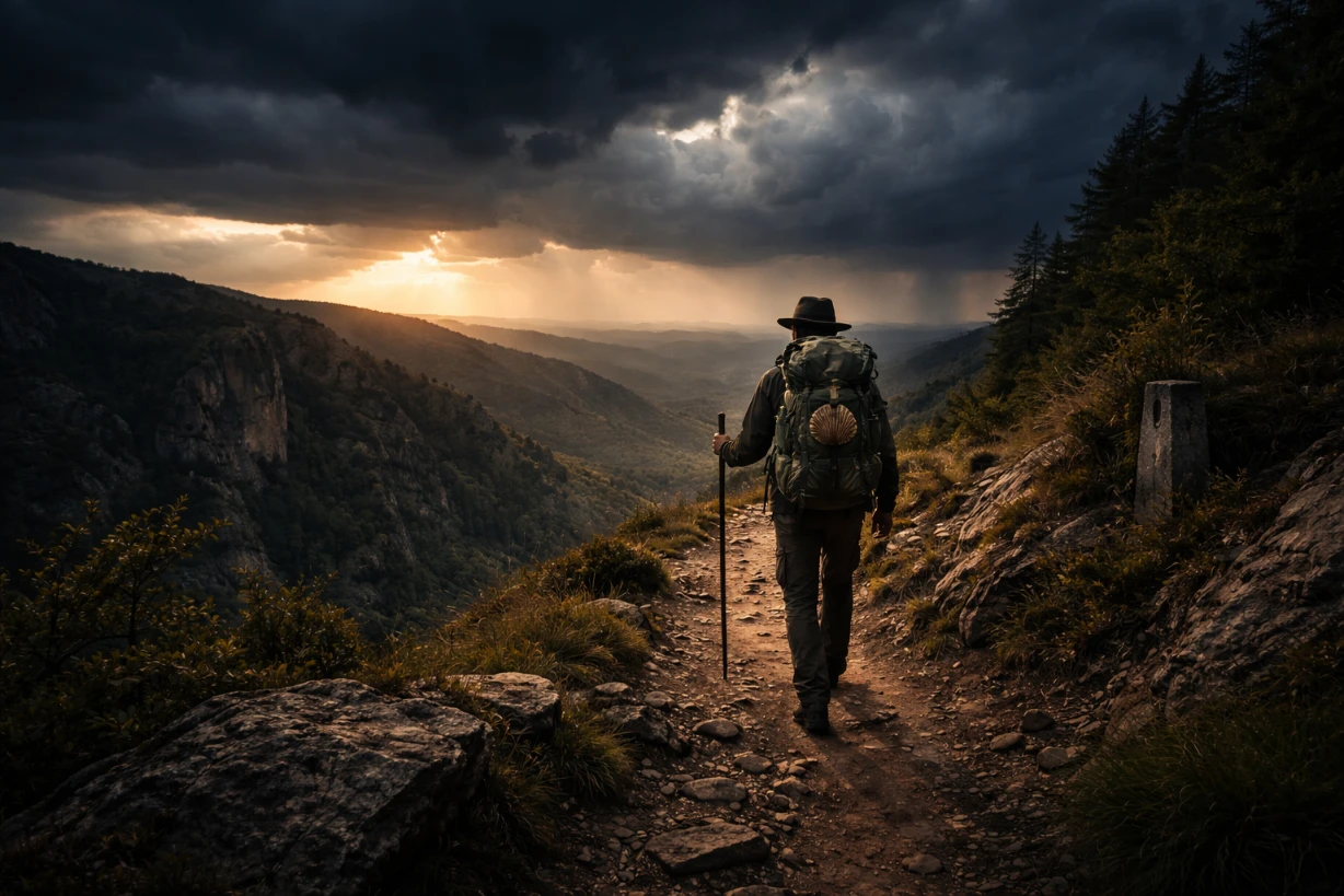 Pèlerin solitaire marchant sur un sentier escarpé du chemin de Compostelle sous un ciel orageux au crépuscule.