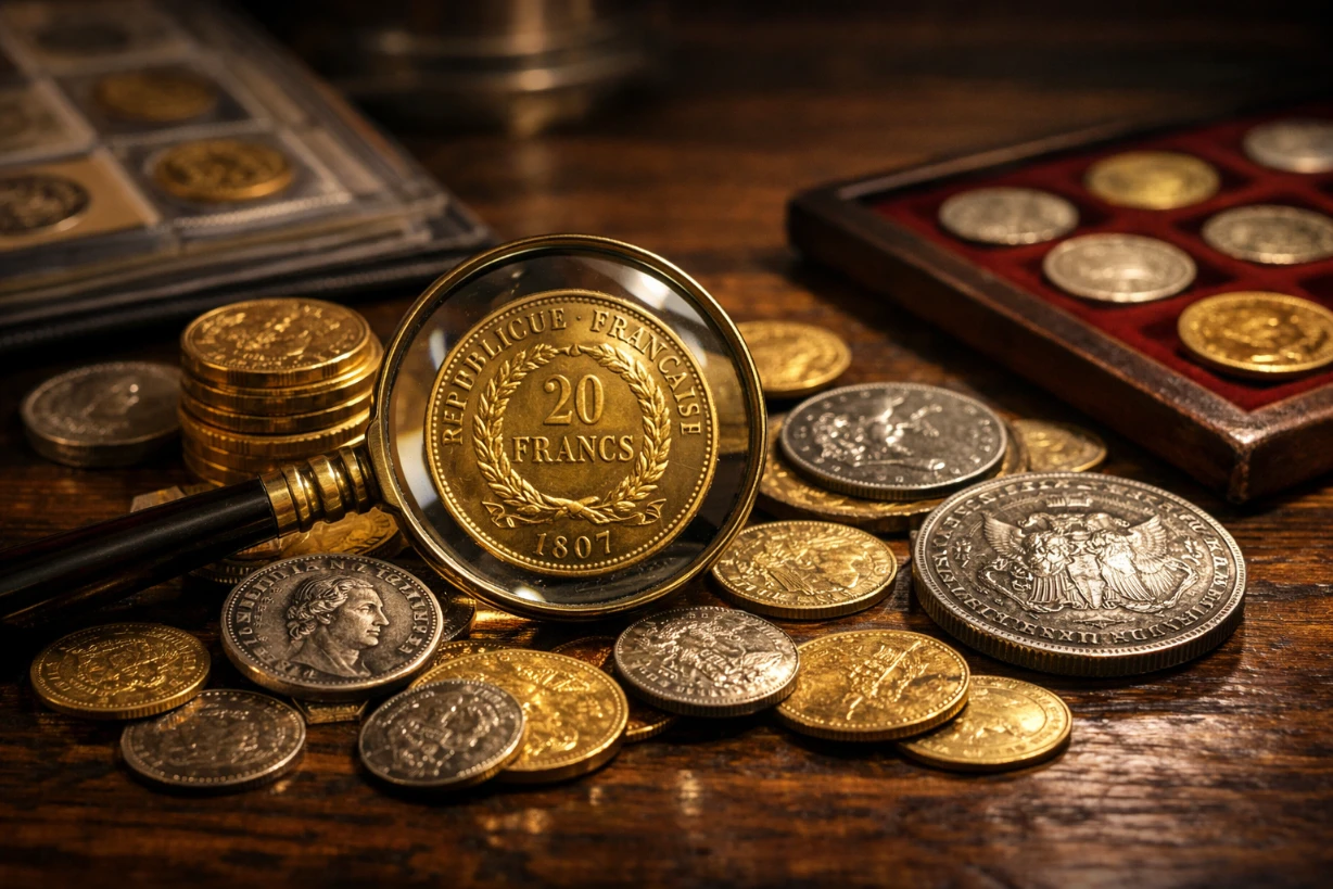 Pièces anciennes en or et argent sur une table de collectionneur avec loupe mettant en valeur une monnaie rare.