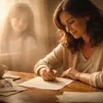 Une mère écrit une lettre émouvante, lumière douce, silhouette de sa fille en arrière-plan.