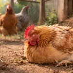 Poule malade immobile, yeux fermés, dans une basse-cour rustique avec d’autres poules en arrière-plan.