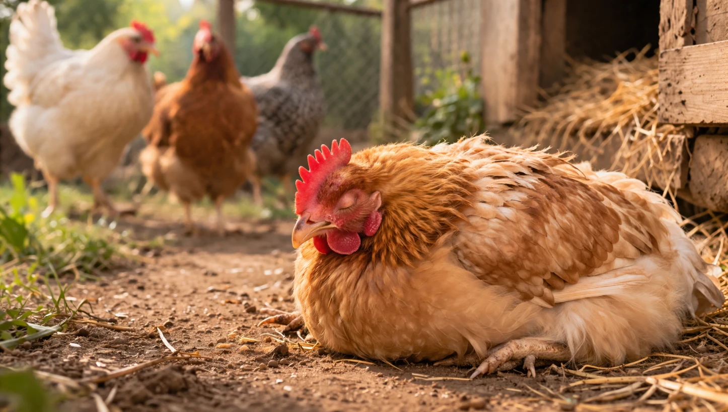 Poule malade immobile, yeux fermés, dans une basse-cour rustique avec d’autres poules en arrière-plan.