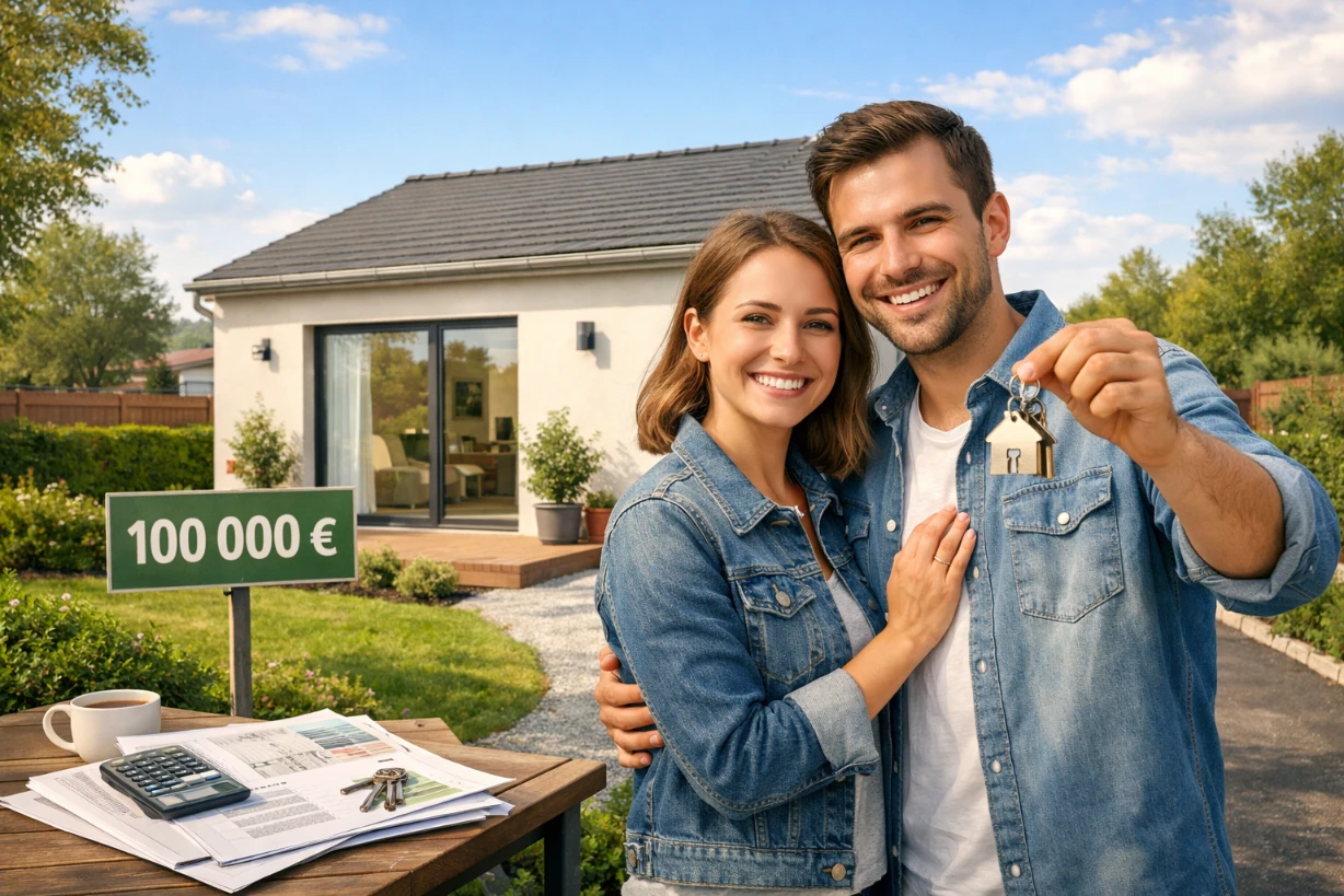 Couple heureux devant une petite maison neuve clé en main avec jardin, projet immobilier abordable.