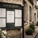 Tableau d’avis de décès sur mur en pierre, rue calme, fleurs blanches, ambiance sobre et recueillie.