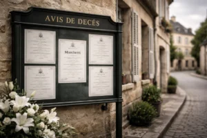 Tableau d’avis de décès sur mur en pierre, rue calme, fleurs blanches, ambiance sobre et recueillie.