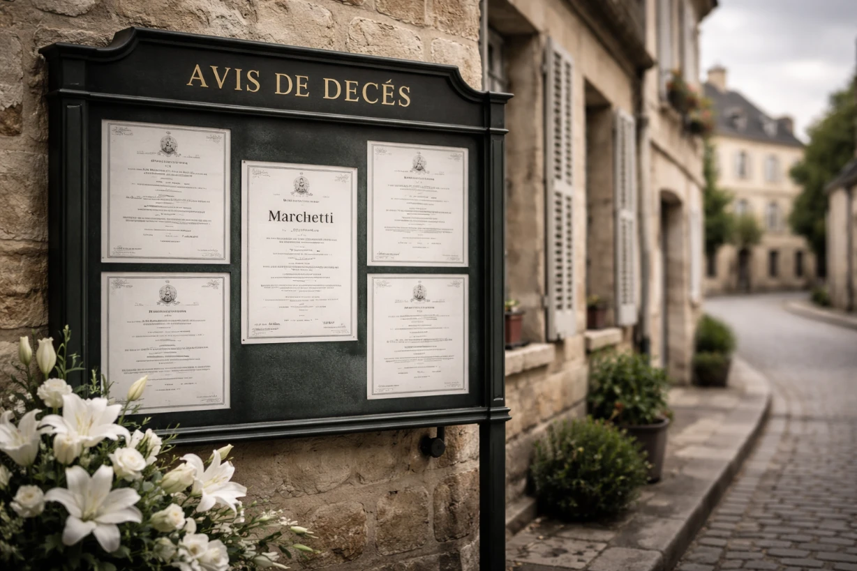 Tableau d’avis de décès sur mur en pierre, rue calme, fleurs blanches, ambiance sobre et recueillie.