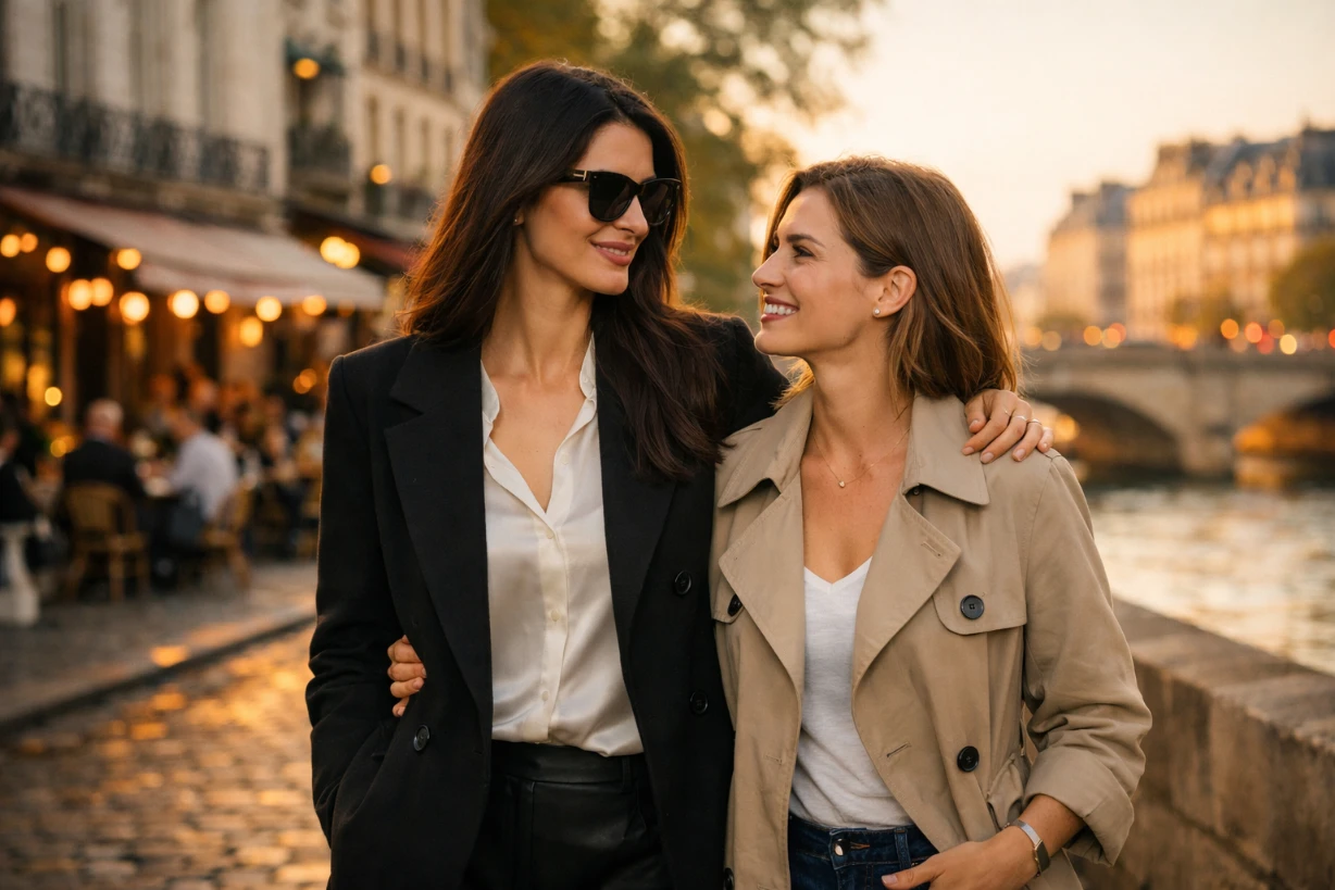 Deux femmes élégantes marchant ensemble dans une rue parisienne au coucher du soleil, ambiance romantique.