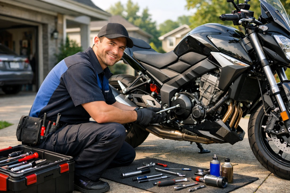 Mécanicien moto à domicile réparant une moto moderne dans une allée résidentielle avec outils.