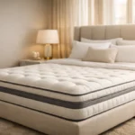 Chambre élégante avec matelas haut de gamme, linge blanc, lumière naturelle douce et décor raffiné.