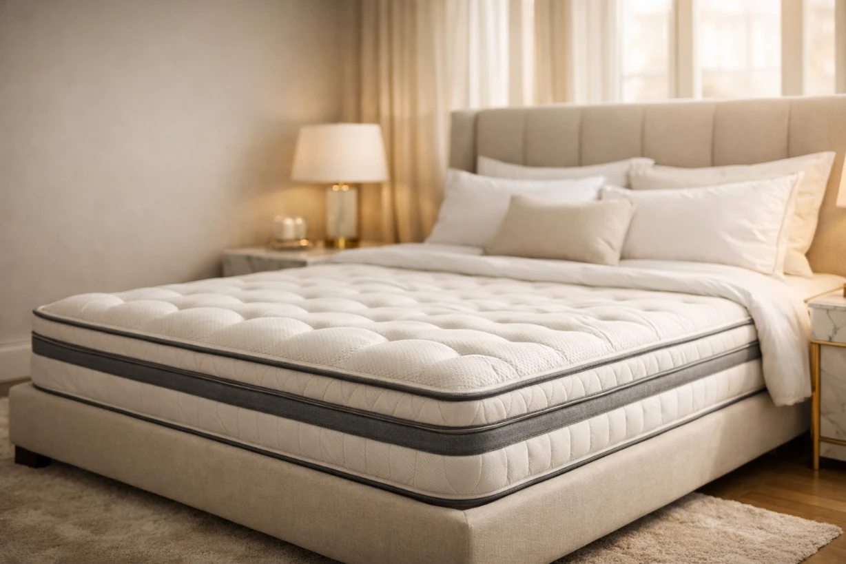 Chambre élégante avec matelas haut de gamme, linge blanc, lumière naturelle douce et décor raffiné.