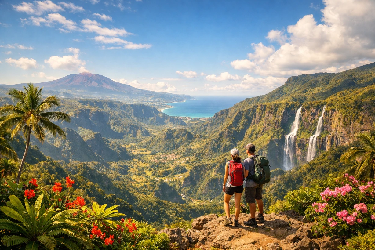 Randonneurs admirant le cirque de Mafate à La Réunion, volcans, cascades et océan sous ciel bleu.