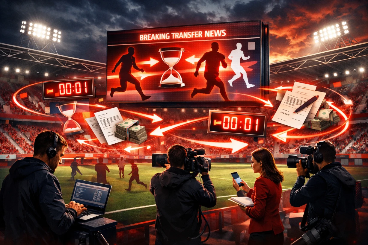 Illustration du mercato du Stade de Reims: stade, journalistes et flèches de transferts en direct TV.