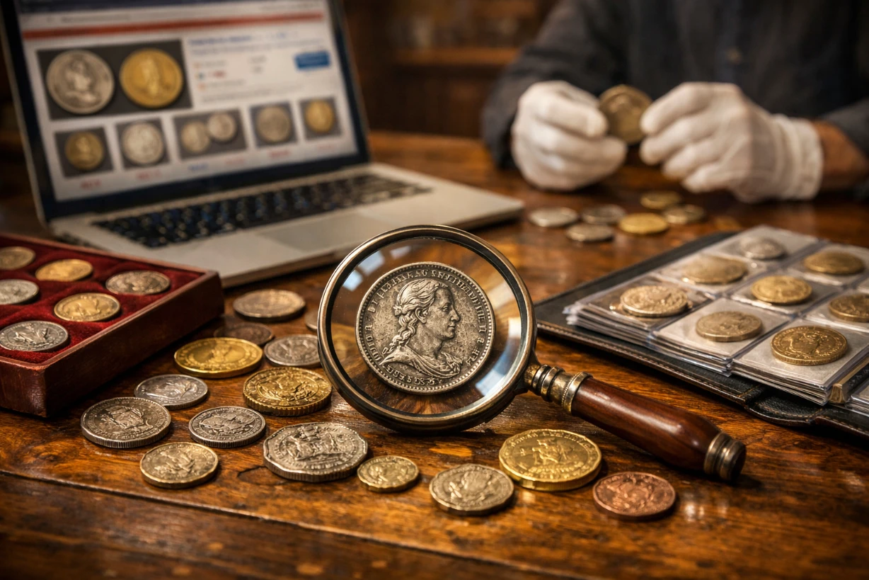 Pièces de monnaie anciennes en or et argent sur table avec loupe, collection numismatique.
