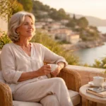 Femme retraitée sereine sur une terrasse ensoleillée face à la mer, savourant un moment paisible.