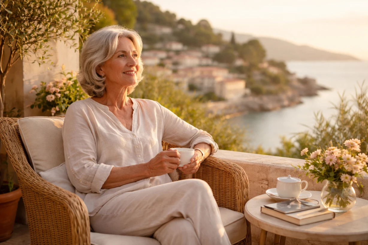 Femme retraitée sereine sur une terrasse ensoleillée face à la mer, savourant un moment paisible.
