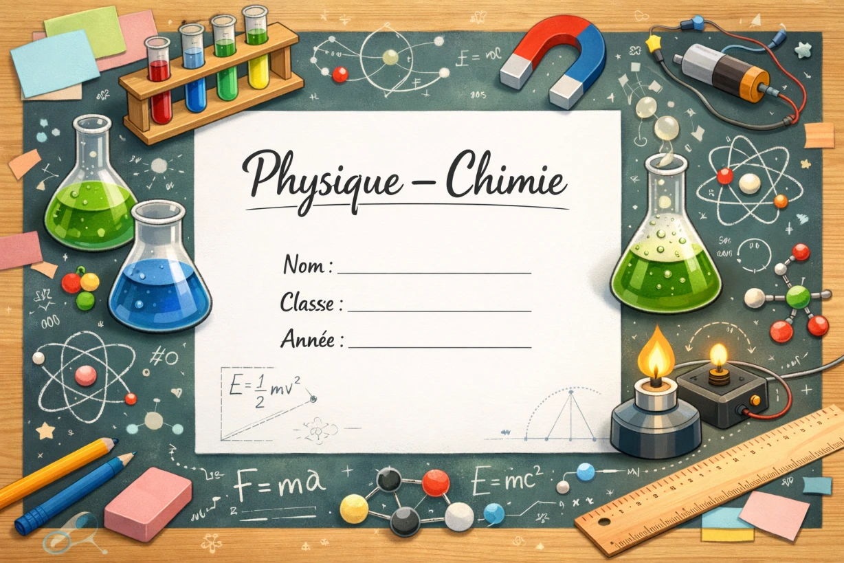 Page de garde colorée de physique-chimie avec béchers, atomes, circuits et espace pour nom, classe et année.