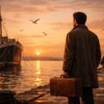 Un homme seul au port au coucher du soleil, valise à la main, regarde l’horizon avec espoir.