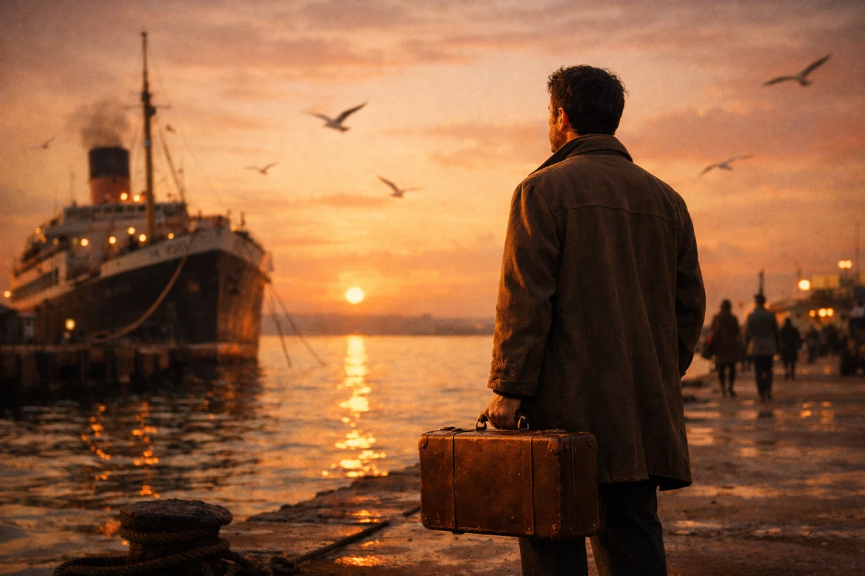 Un homme seul au port au coucher du soleil, valise à la main, regarde l’horizon avec espoir.