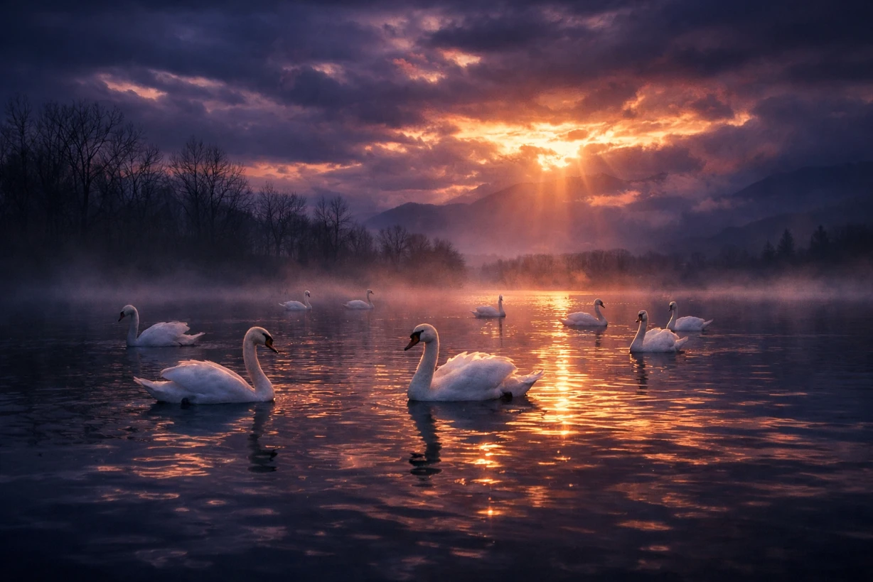 Cygnes blancs glissant sur un lac brumeux au crépuscule, ciel violet et rayons dorés reflétés sur l’eau calme.