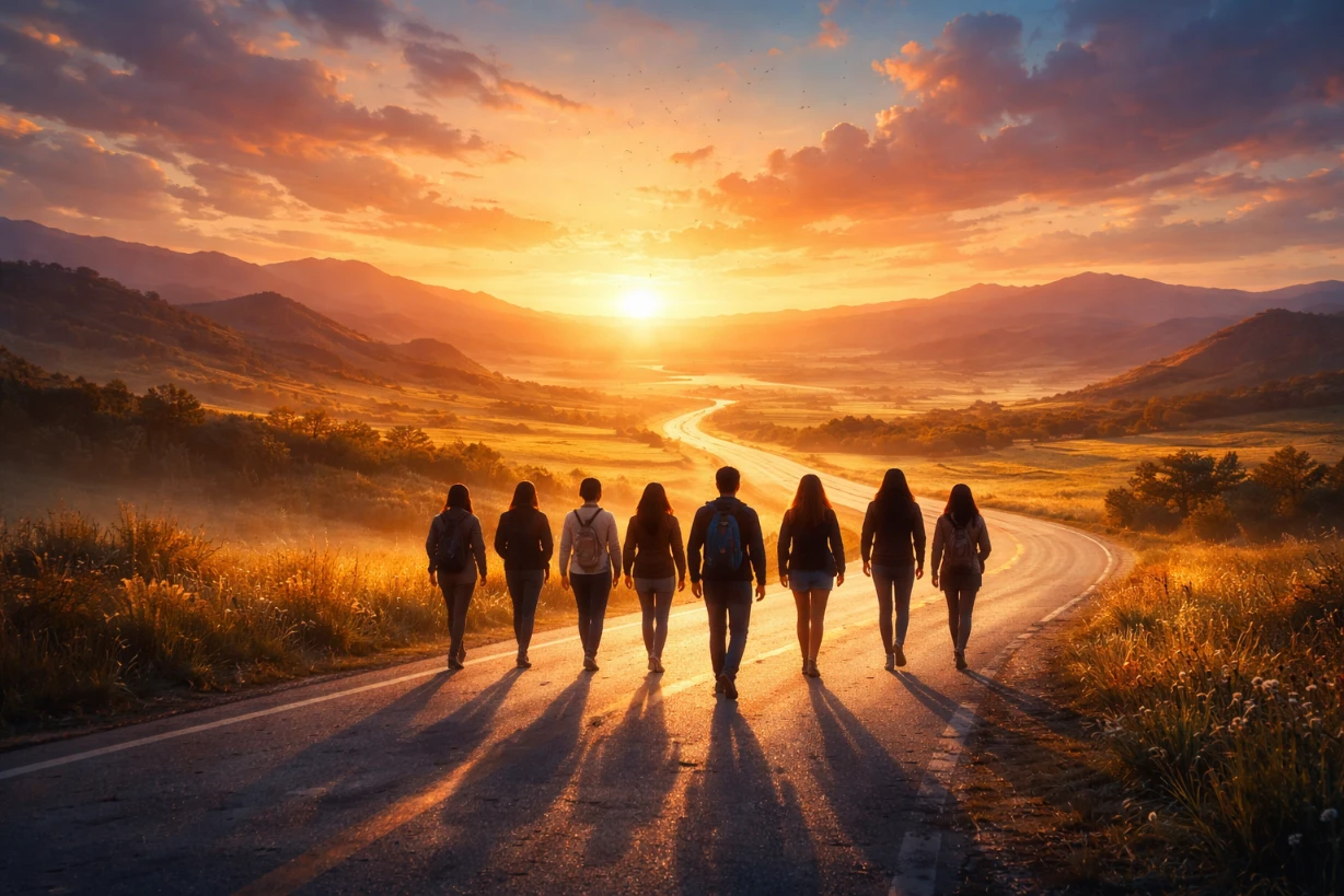 Silhouettes avançant ensemble sur une route au coucher du soleil vers un horizon d’espoir et de liberté.
