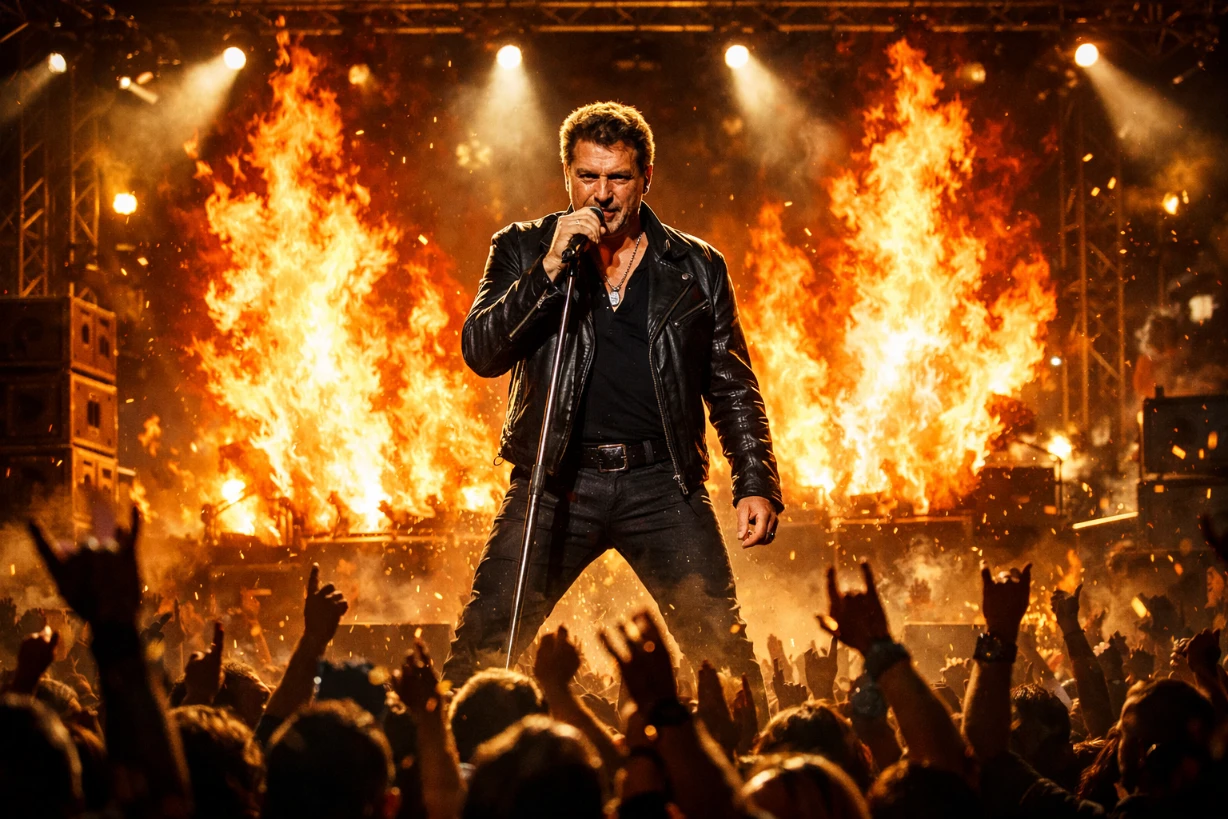 Chanteur rock sur scène devant des flammes spectaculaires, éclairages puissants et foule en délire.