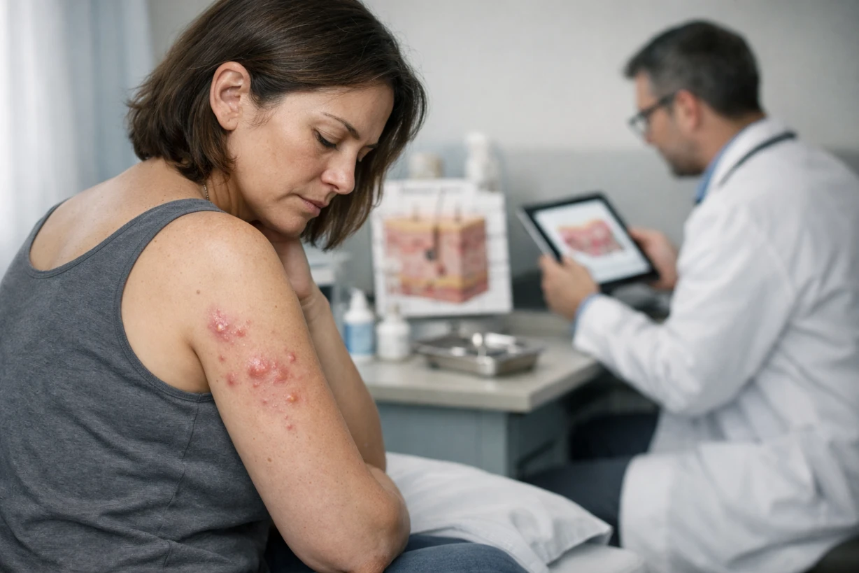 Patient inquiet observant une inflammation sous le bras pendant une consultation médicale dermatologique.