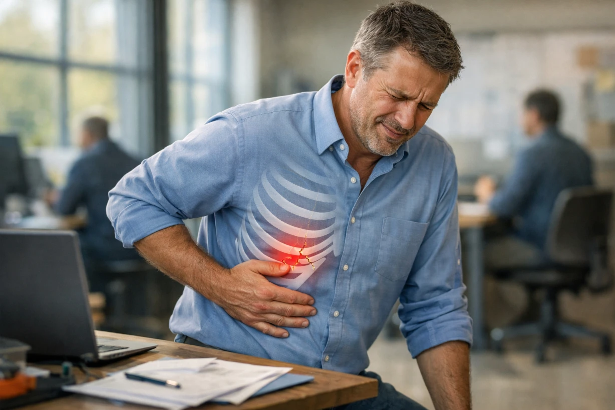 Employé en milieu de travail tenant son côté avec une douleur aux côtes et un schéma médical discret.