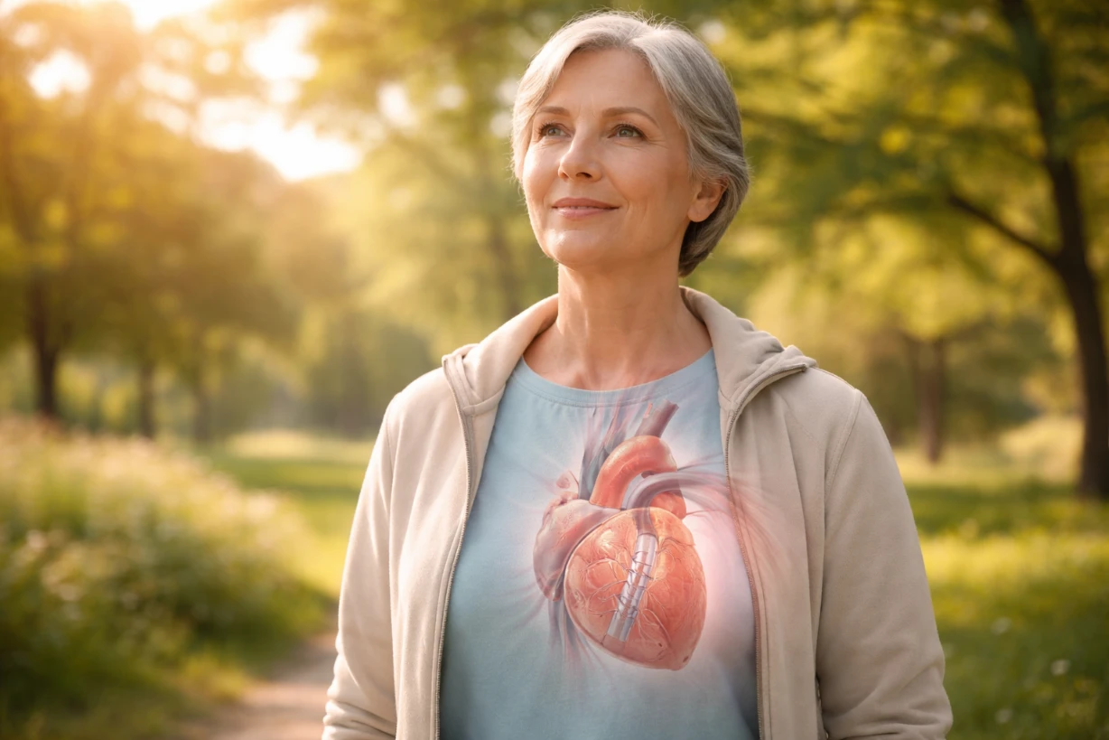 Personne âgée sereine en plein air avec visualisation du cœur et stent, symbole de vie prolongée.