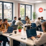 Étudiants en coding bootcamp à Charleville-Mézières, travaillant en groupe sur ordinateurs portables.