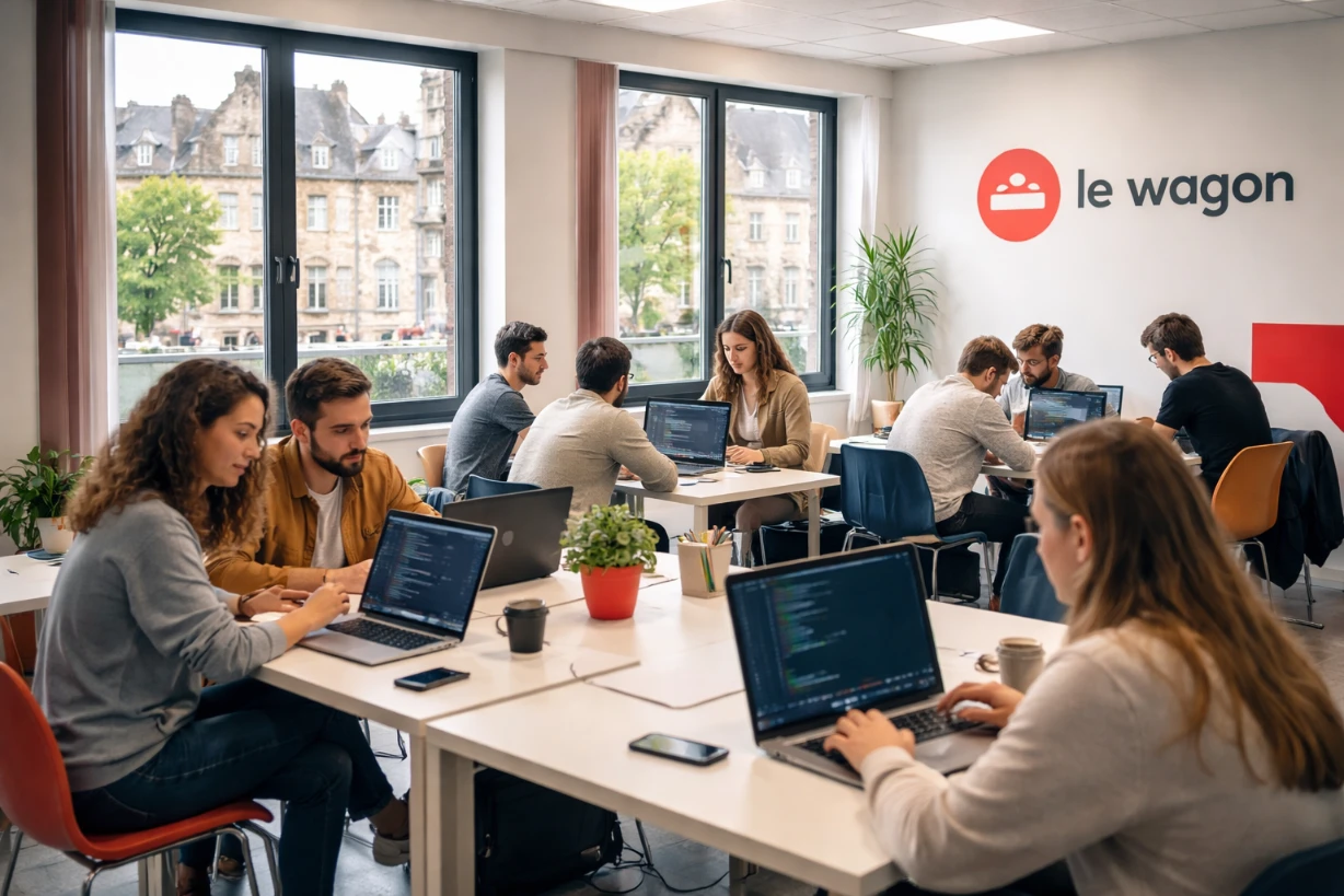 Étudiants en coding bootcamp à Charleville-Mézières, travaillant en groupe sur ordinateurs portables.