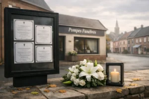 Devanture d’une pompe funèbre avec panneau d’avis de décès et fleurs blanches dans un village français.