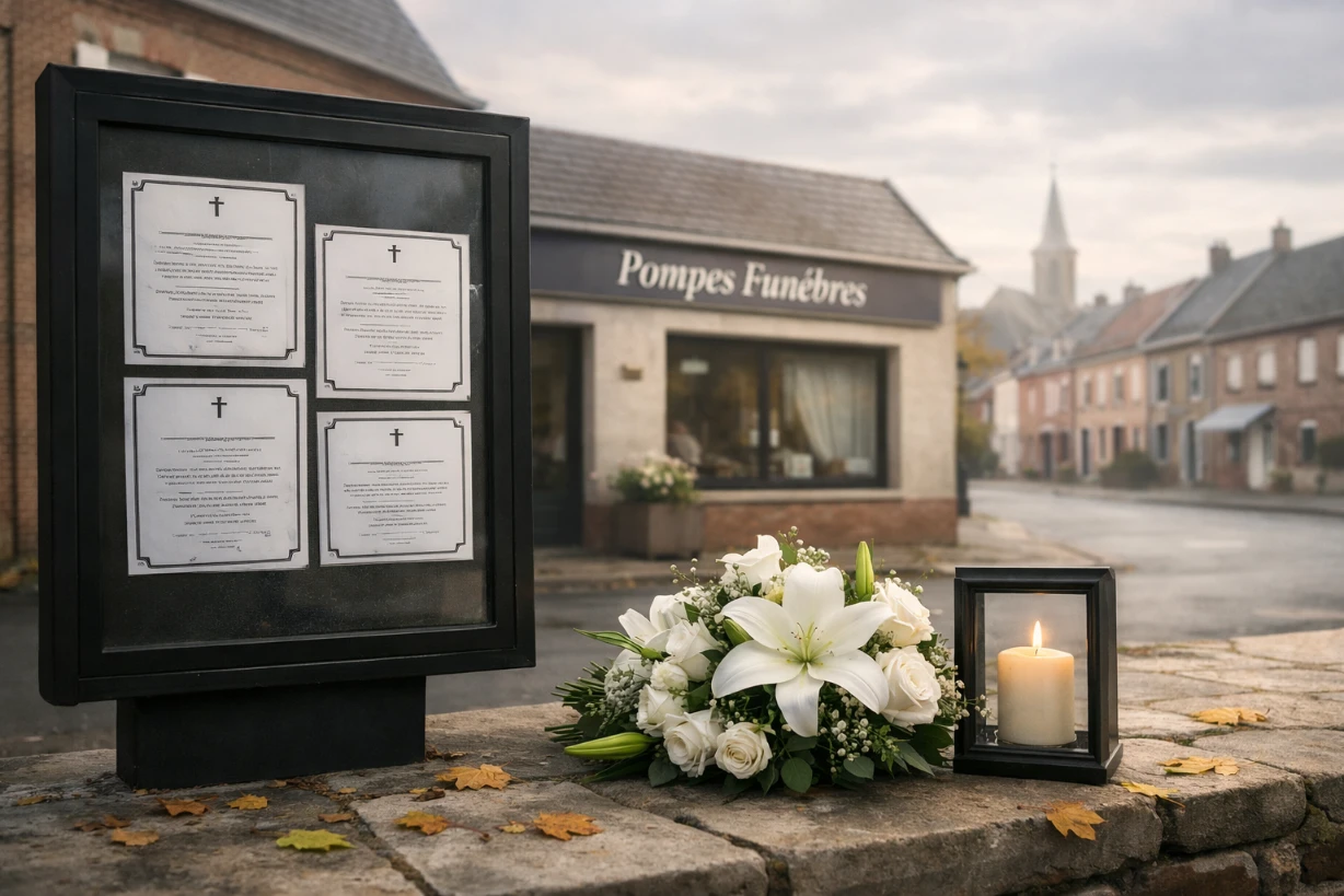 Devanture d’une pompe funèbre avec panneau d’avis de décès et fleurs blanches dans un village français.