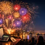 Feu d’artifice nocturne coloré au-dessus d’une ville, foule et éléments de budget au premier plan.