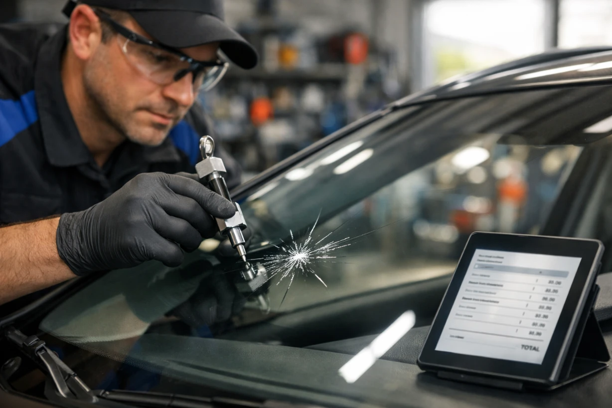 Technicien réparant un pare-brise fissuré dans un garage, avec facture indiquant le coût.
