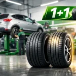 Deux pneus neufs en atelier auto avec voiture sur pont et mécanicien, visuel promo 1 acheté = 1 offert.
