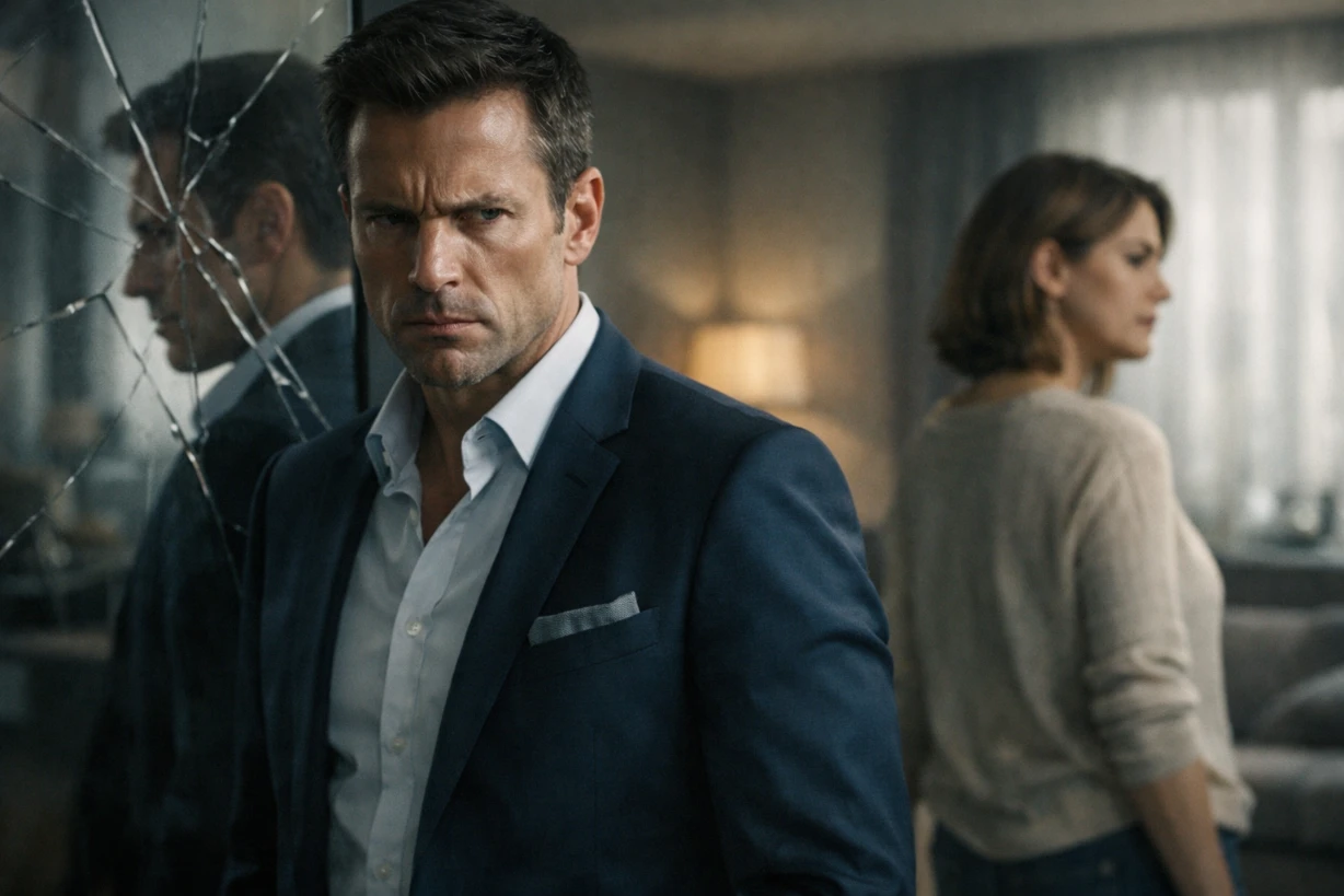 Homme élégant au regard froid face à une femme distante, tension dans un salon moderne lumineux.