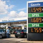 Panneau de prix carburant en station française, voitures au plein sous ciel nuageux.