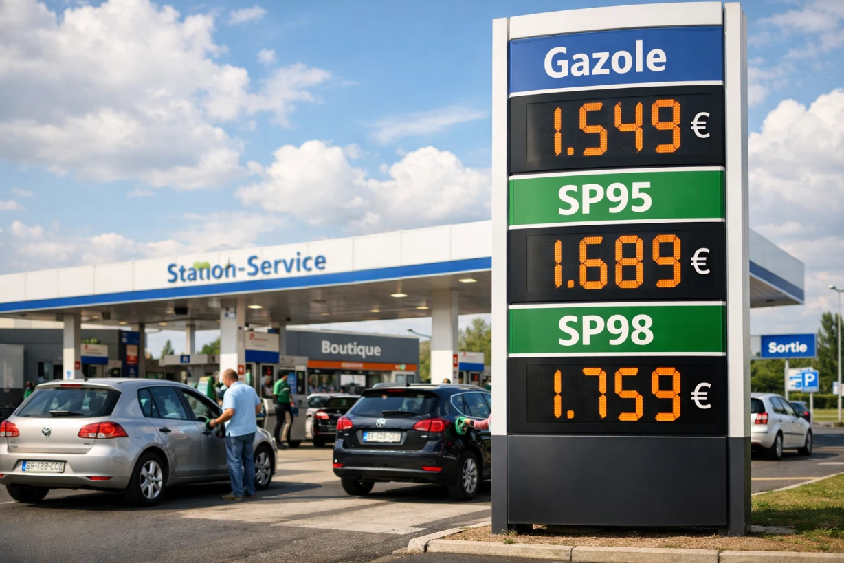 Panneau de prix carburant en station française, voitures au plein sous ciel nuageux.