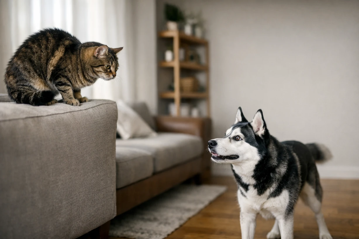 Chien énergique fixant un chat méfiant perché sur un canapé dans un salon lumineux et moderne.