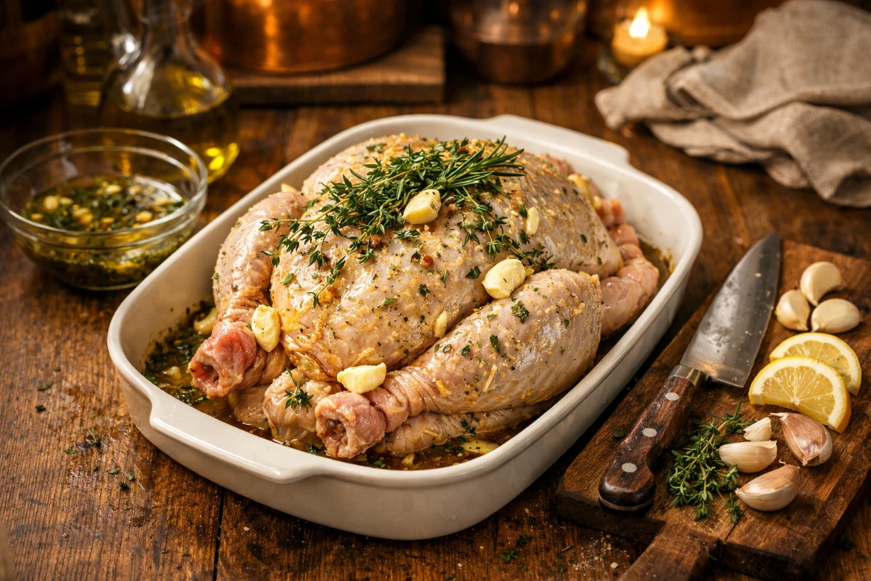 Chapon cru mariné aux herbes dans une cuisine rustique avec lumière chaude et ambiance gourmande 3:2.