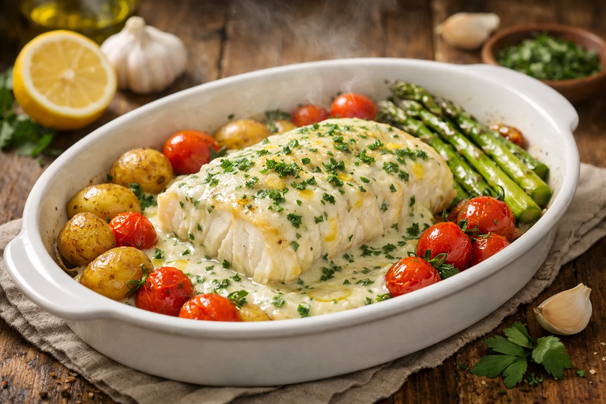 Dos de cabillaud au four nappé de sauce crémeuse, servi avec légumes rôtis sur table rustique.