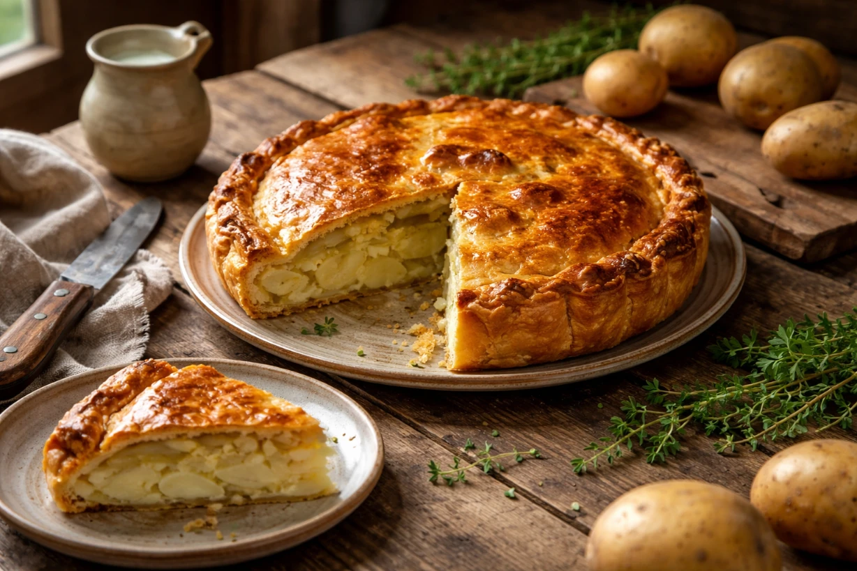 Pâté de pomme de terre auvergnat doré, ouvert, sur table rustique avec ingrédients frais autour.