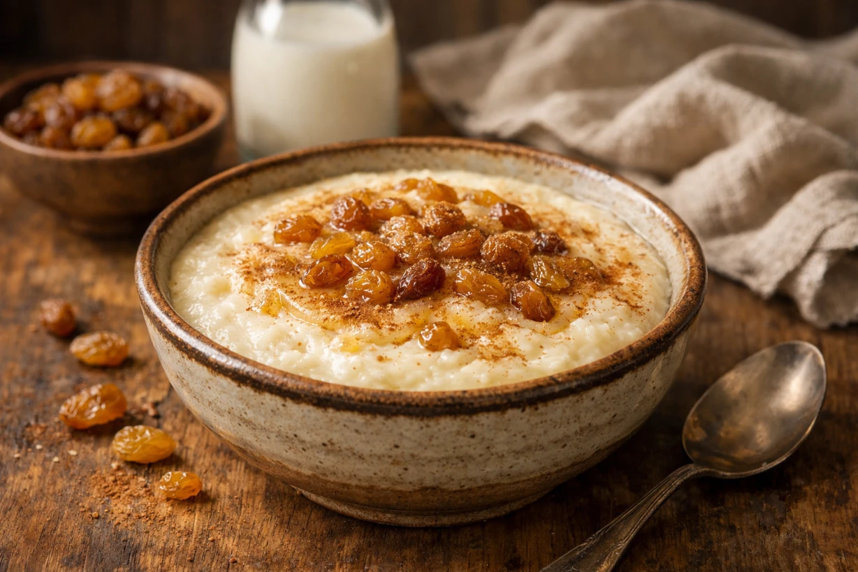 Bol de semoule au lait crémeuse aux raisins secs, miel et cannelle sur table rustique chaleureuse.