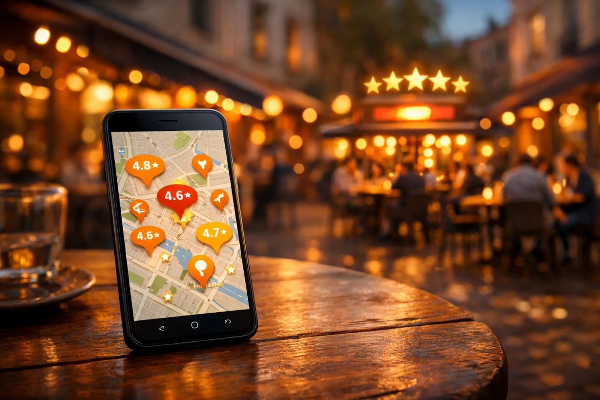 Smartphone affichant une carte de restaurants bien notés sur une table de café, rue animée en arrière-plan.
