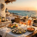 Terrasse de restaurant en bord de mer, coucher de soleil, plats de fruits de mer et ambiance méditerranéenne chaleureuse.